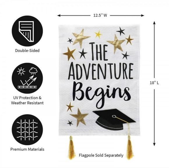 Evergreen Graduation Adventure Begins Garden Burlap Flag 12-1/2 in x 18 in NWT - Picture 2 of 5